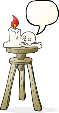 Bir insan tarafından çizilmiş serbest konuşma balonu karikatürü ürkütücü kafatası ve mum.