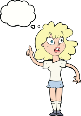 Bir insan tarafından çizilen düşünce baloncuğuyla nokta koyan çizgi film kadını.