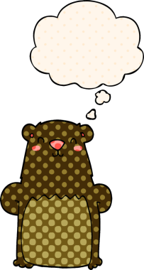 Çizgi roman tarzında bir insan tarafından çizilmiş düşünce kabarcığı olan çizgi film ayısı.