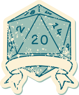Retro Dövme Biçimi Doğal 20 kritik vuruş D20 zar bir insan tarafından çizildi