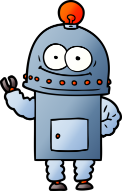 Bir insan tarafından çizilmiş ampullü mutlu karton robot.