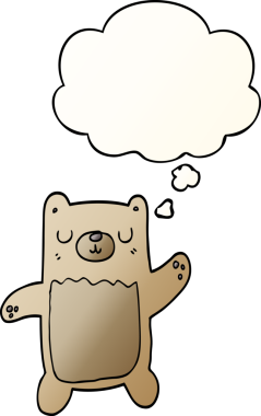 Bir insan tarafından çizilmiş yumuşak eğimli düşünce baloncuklu çizgi film ayısı.