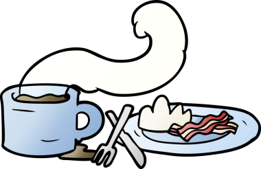 Bir insan tarafından çizilmiş kahve ve pastırmalı çizgi film kahvaltısı.