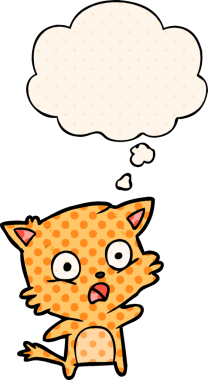 Çizgi roman tarzında düşünce baloncuğu olan çizgi film kedisi insan tarafından çizilmiş.