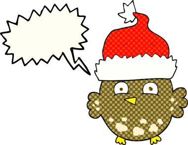 Bir insan tarafından çizilmiş noel şapkası giyen bir baykuş çizilmiş.