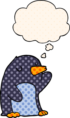 Çizgi roman tarzında bir insan tarafından çizilmiş düşünce baloncuğu olan penguen.