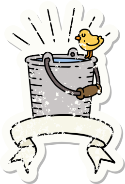 Bir insan tarafından çizilmiş su kovasına tünemiş dövme stili bir kuşun eski bir çıkartması.