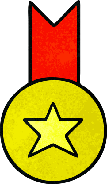 Bir insan tarafından çizilmiş altın madalyanın retro grunge desenli karikatürü