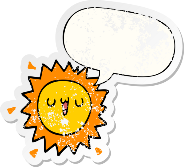 Konuşma baloncuğu olan karikatür güneşi bir insan tarafından çizilmiş sıkıntılı eski bir çıkartma