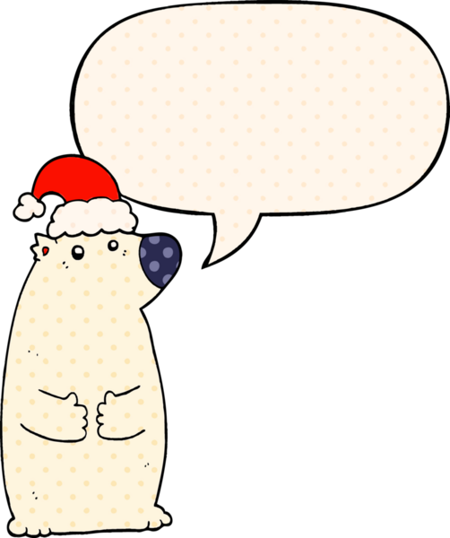 Çizgi roman tarzında bir insan tarafından çizilmiş, noel şapkalı, konuşma baloncuklu bir ayı.