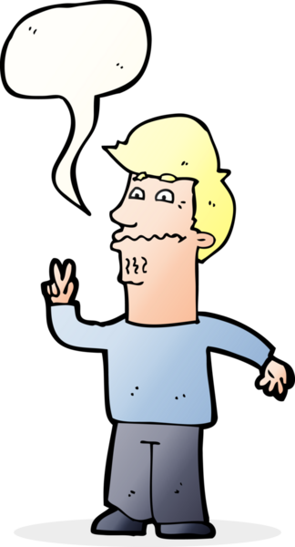 Bir insan tarafından çizilmiş konuşma balonuyla barış işareti yapan çizgi film adamı.