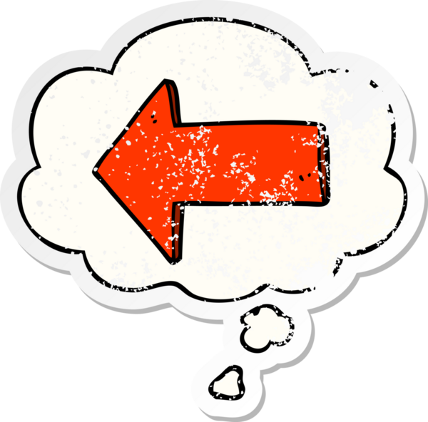 Düşünce baloncuğu olan çizgi film oku bir insan tarafından çizilmiş yıpranmış bir çıkartma gibi.