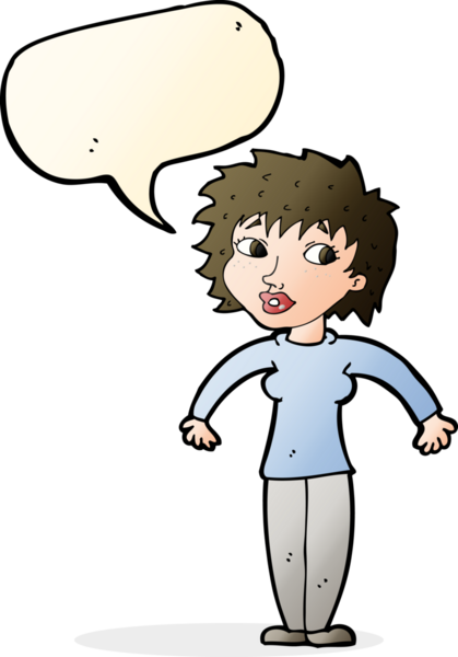 Bir insan tarafından çizilmiş konuşma baloncuğuyla omuz silken çizgi film kadını.