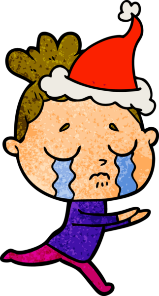 Bir insan tarafından çizilmiş, ağlayan, Noel Baba şapkası takan bir kadının el çizimi.