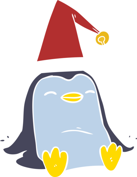 Bir insan tarafından çizilmiş bir noel şapkası giyen düz renkli penguen.