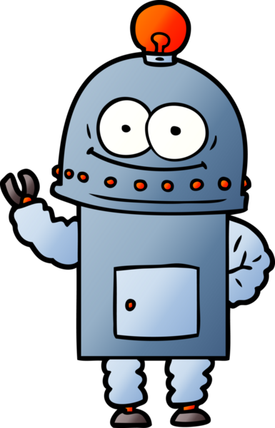 Bir insan tarafından çizilmiş ampullü mutlu karton robot.