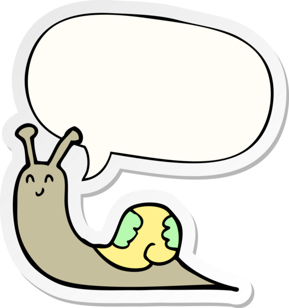 Bir insan tarafından çizilmiş konuşma kabarcığı çıkartmalı şirin çizgi film salyangozu.