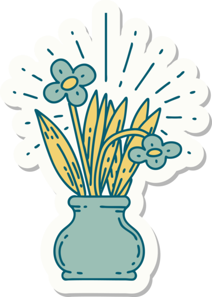 Bir insan tarafından çizilmiş vazoya dövme stili çiçek yapıştırması.