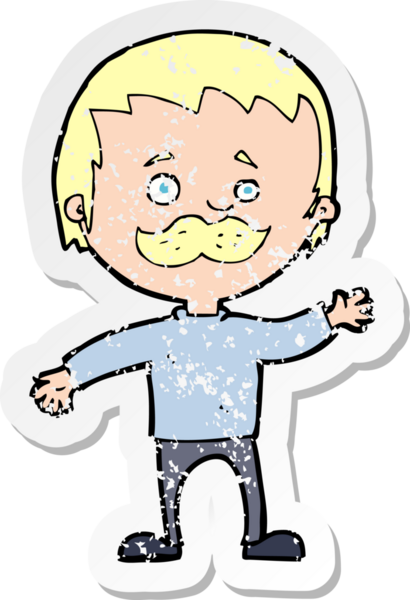 Bir insan tarafından çizilmiş bıyıklı bir karikatürcünün gerilemiş çıkartması.