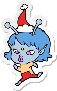 Bir insan tarafından çizilmiş Noel Baba şapkasıyla koşan uzaylı bir kızın güzel el yazısı.