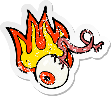 Bir insan tarafından çizilmiş iğrenç, alev alev yanan göz şeklindeki bir çizgi filmin gerilimli yapıştırması.