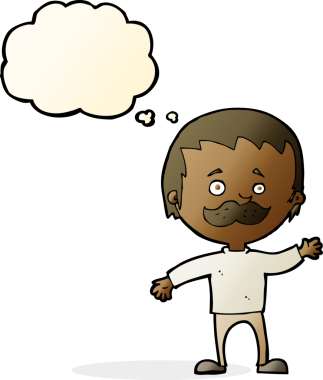 Bir insan tarafından çizilmiş düşünce baloncuğuyla bıyıklı çizgi film adamı.