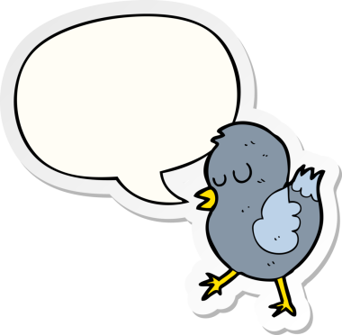 Bir insan tarafından çizilmiş baloncuk çıkartmalı çizgi film kuşu.