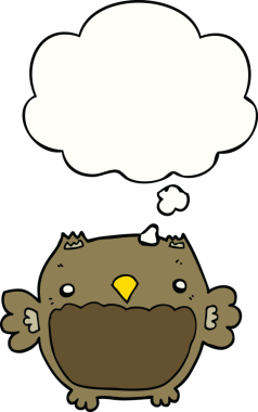 Bir insan tarafından çizilmiş düşünce baloncuklu çizgi film baykuşu