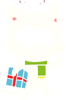 Düz renkli çizgi film. Şaşırmış kedi. Bir insan tarafından çizilmiş Noel hediyesi.