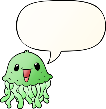 bir insan tarafından çizilmiş, konuşma baloncuklu çizgi film denizanası.