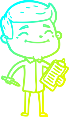 Bir insan tarafından çizilen ankete katılan mutlu bir çizgi film adamının soğuk gradyan çizgisi.