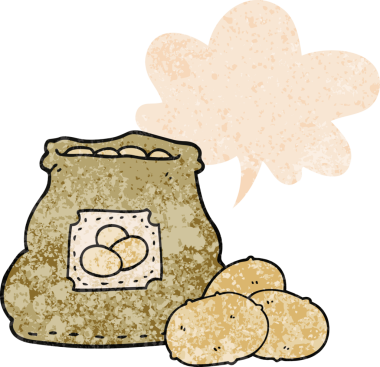 Bir insan tarafından çizilmiş grunge dertli retro desenli konuşma baloncuklu patates çuvalı