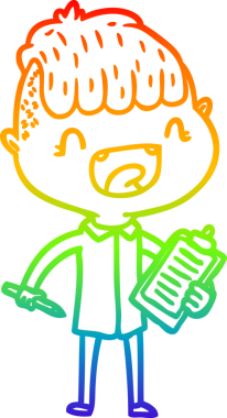 Gökkuşağı gradyan çizgi çizimi. Bir insan tarafından çizilmiş, elinde klip tahtası olan mutlu bir çocuk.