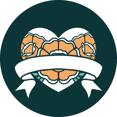 İkonik dövme stili bir kalp ve bir insan tarafından çizilmiş çiçekli pankart.