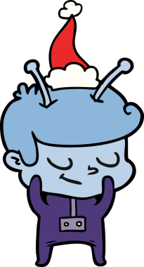 Bir insan tarafından çizilmiş Noel Baba şapkası giyen bir uzaylının utangaç el çizimi çizimi