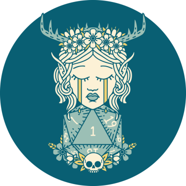 Retro Dövme Tarzı Ağlayan Elf Druid karakteri suratı Bir insan tarafından çizilmiş doğal bir D20 ruloyla