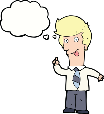 Bir insan tarafından çizilmiş düşünce baloncuğuyla çılgın bir fikri olan bir ofis adamı.