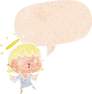 Bir insan tarafından çizilmiş grunge dertli retro tarzı konuşma baloncuğu ile çizgi film meleği