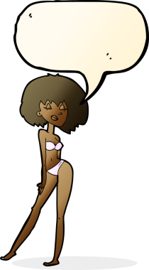 Bir insan tarafından çizilmiş konuşma balonu olan bikinili bir kadın.