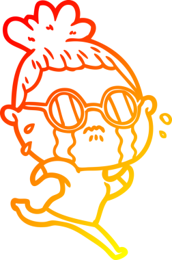 Bir insan tarafından çizilmiş gözlüklü, ağlayan bir kadının çizgi film çizimi.