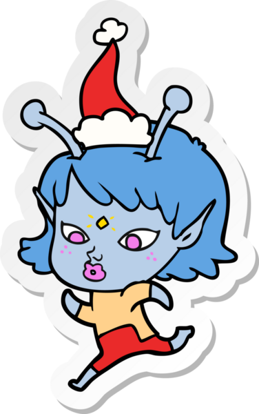 Bir insan tarafından çizilmiş Noel Baba şapkasıyla koşan uzaylı bir kızın güzel el yazısı.