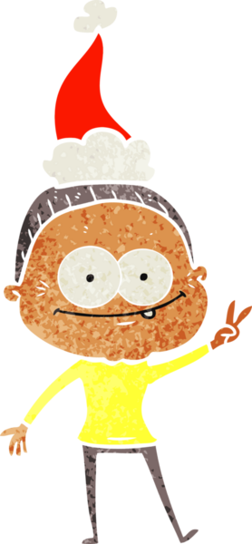 Bir insan tarafından çizilmiş Noel Baba şapkası giyen mutlu yaşlı bir kadının el çizimi karikatürü