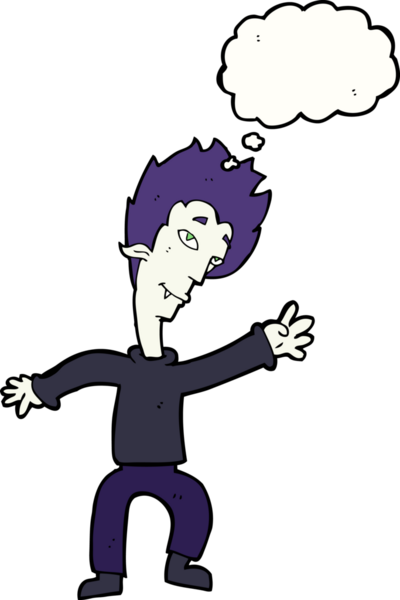 Bir insan tarafından çizilmiş düşünce balonlu cadılar bayramı vampiri çizgi filmi.