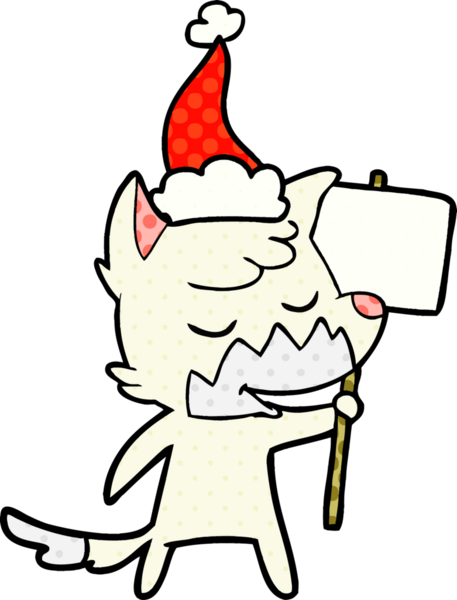 Bir insan tarafından çizilmiş Noel Baba şapkası giymiş bir tilkinin çizgi roman çizimi.