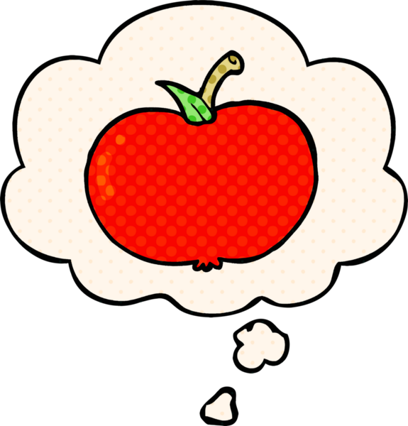 Çizgi roman tarzında bir insan tarafından çizilmiş düşünce baloncuklu çizgi film elması.