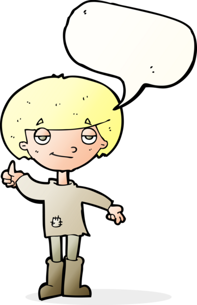 Kötü giyinmiş çizgi filmci çocuk bir insan tarafından çizilmiş konuşma baloncuğuyla baş parmak işareti yapıyor.