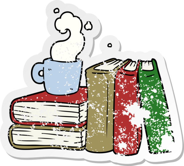 Çizgi film kahve fincanı yapıştırması ve bir insan tarafından çizilmiş çalışma kitapları.