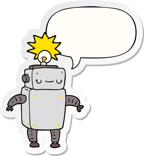 Bir insan tarafından çizilmiş konuşma balonu çıkartmalı çizgi film robotu.