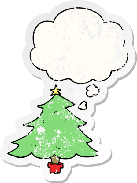 Düşünce baloncuğu olan karikatür Noel ağacı bir insan tarafından çizilmiş yıpranmış bir çıkartma.