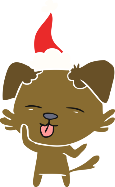Bir insan tarafından çizilmiş Noel Baba şapkası takan bir köpeğin el çizimi düz renk çizimi.